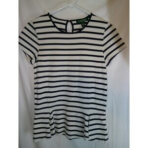 Lauren Ralph‎ Lauren Striped Peplum Top Nautical Short Sleeve Tee Blue White S
